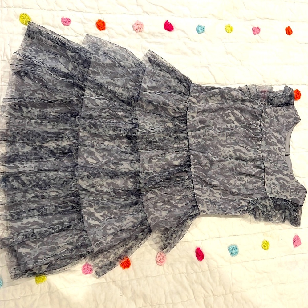 Grey Blue Ruffles Leopard print party dress. Size 7. Excellent condition.
